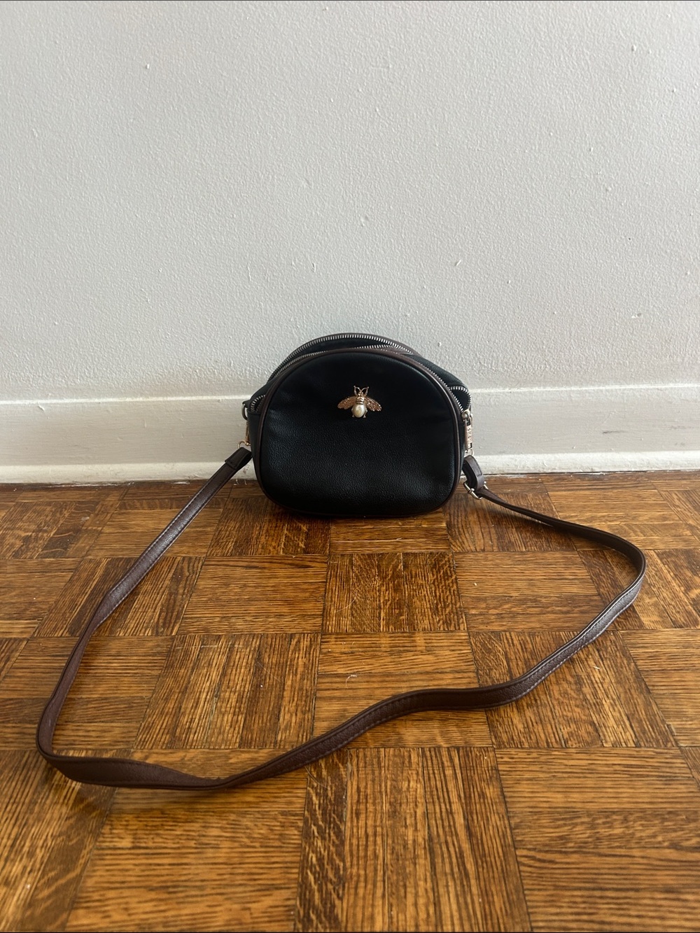 Black Crossbody Bag with Gold and Pearl Bee Accent